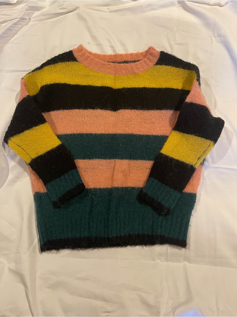 Molo Fuzzy Striped Crewneck in Pink, Yellow, Teal & Black